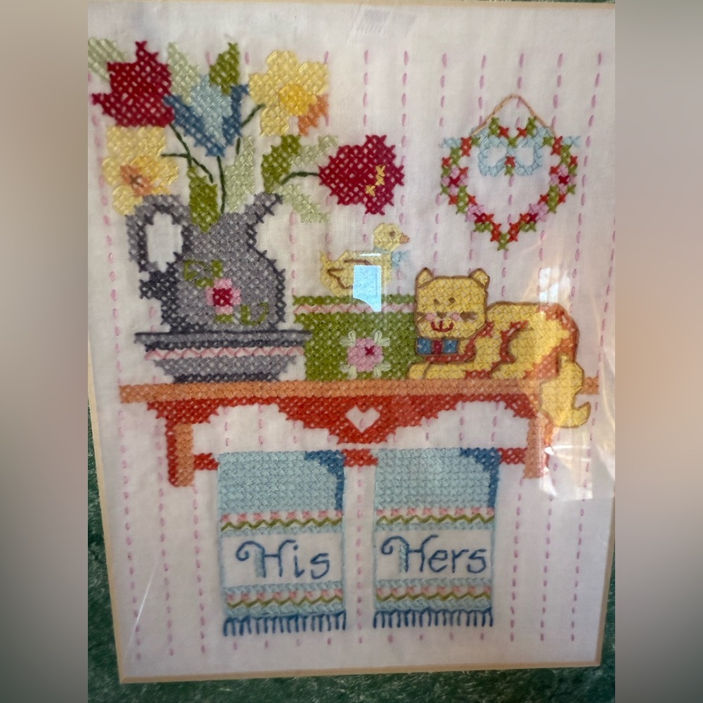 Vintage Cross-Stitch His & Hers Framed Needlepoint 15x12” Estate cottage core - Picture 8 of 9